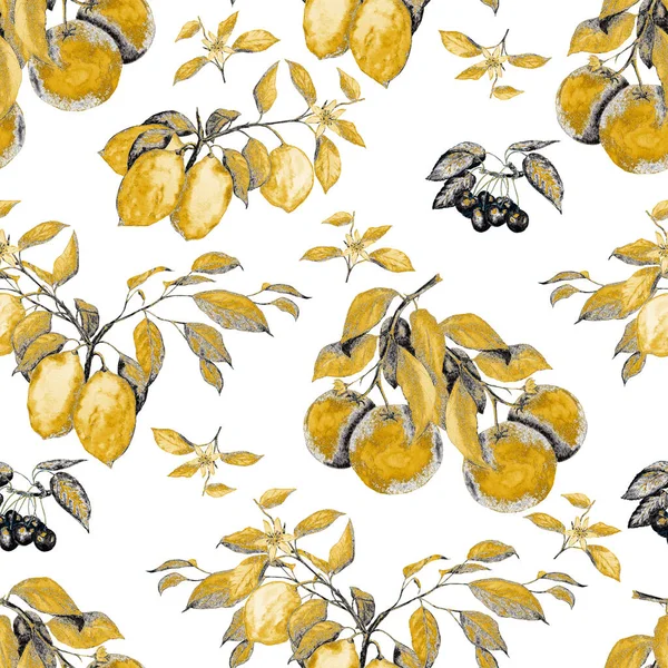 Akvarell Zökkenőmentes Arany Minta Érett Gyümölcsökkel Citrusfélék Cseresznye Gyönyörű Nyári — Stock Fotó