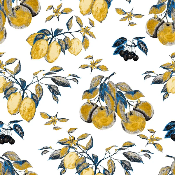 水彩斑斓的金黄色图案 成熟的果实 柑橘类樱桃 美丽的夏季印刷品 金色的自然背景表面设计 — 图库照片