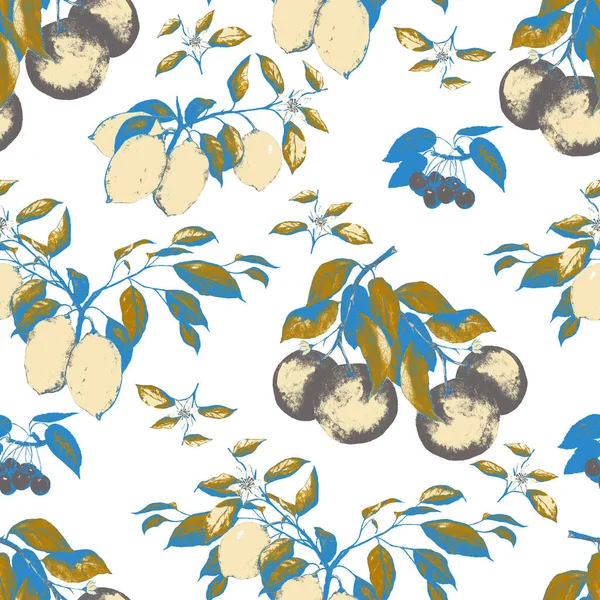 Akvarell Zökkenőmentes Arany Minta Érett Gyümölcsökkel Citrusfélék Cseresznye Gyönyörű Nyári — Stock Fotó