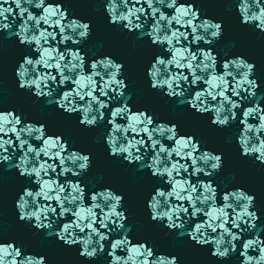 Çiçeksiz desenli, çiçek açan şakayıklar. Dekoratif botanik şakayık çiçek izi. El çizimi illüstrasyon.