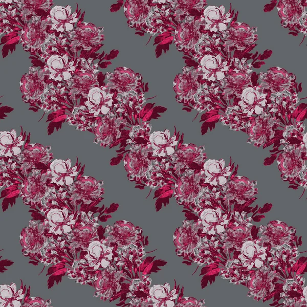 美しい開花牡丹と花のシームレスなパターン 装飾的な植物牡丹の花のプリント 手描きイラスト — ストック写真