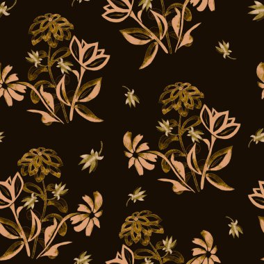 Siyah renkte suluboya çiçekleri olan soyut, dikişsiz desenler. Klasik çiçek arkaplanı.