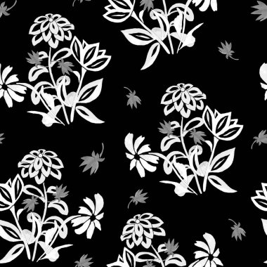 Siyah renkte suluboya çiçekleri olan soyut, dikişsiz desenler. Klasik çiçek arkaplanı.