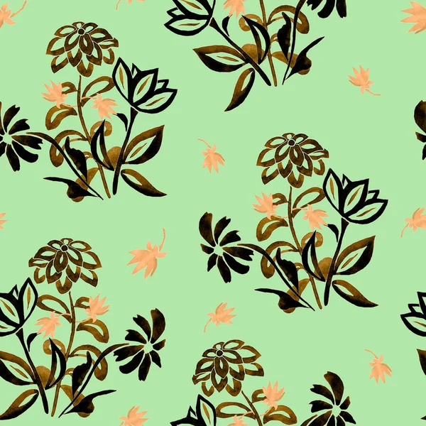 抽象水彩輪郭の花と花のシームレスなパターン ヴィンテージ自然背景 繊維のデザインその他のデザイン — ストック写真