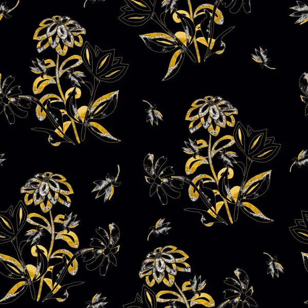 Αφηρημένη Floral Αδιάλειπτη Χρυσή Μοτίβο Ακουαρέλα Λουλούδια Περίγραμμα Vintage Φυσικό — Φωτογραφία Αρχείου