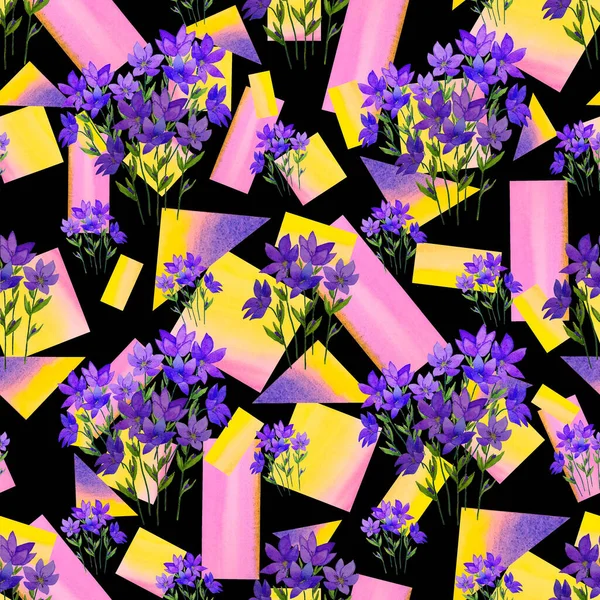 幾何学的な背景に水彩春の花と創造的な花のシームレスなパターン 美しいヴィンテージの花のプリント 表面設計 — ストック写真