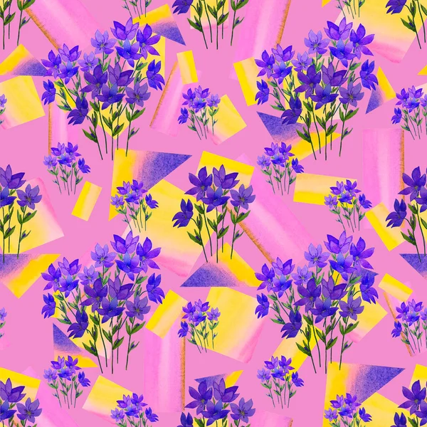 Kreative Florale Nahtlose Muster Mit Aquarell Frühlingsblumen Auf Geometrischem Hintergrund — Stockfoto