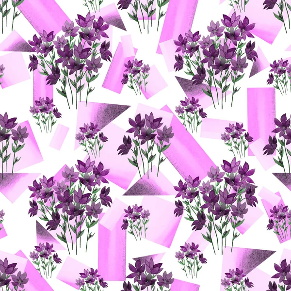 幾何学的な背景に水彩春の花と創造的な花のシームレスなパターン ヴィンテージ花 Print — ストック写真