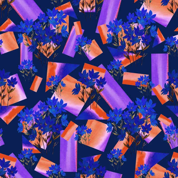 Креативный Цветочный Бесшовный Узор Акварельными Весенними Цветами Геометрическом Фоне Винтажная — стоковое фото