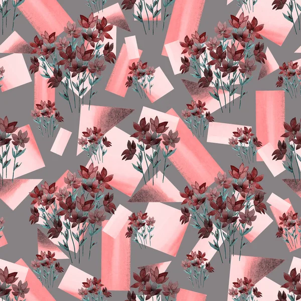 Kreatywny Kwiatowy Bezszwowy Wzór Akwarelowymi Wiosennymi Kwiatami Geometrycznym Tle Vintage — Zdjęcie stockowe