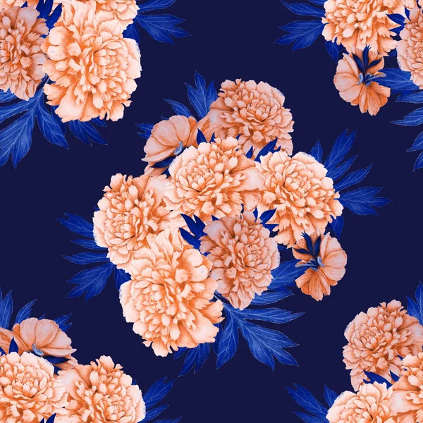 Floral seamless pattern with beautiful blooming peonies . Decorative botanic Peony flower print. Hand drawn crayon illustration.