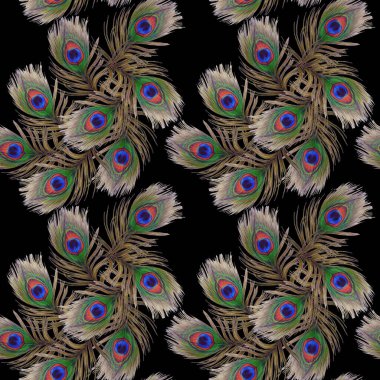 Güzel tavus kuşu tüyleriyle dekoratif, pürüzsüz desen. Moda dokusu. El boya kalemleriyle çizilmiş..