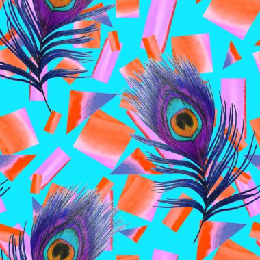 Geometrik arka planda güzel tavus kuşu tüyleri olan dekoratif, pürüzsüz desen. Yaratıcı moda baskı. El boya kalemleriyle çizilmiş..