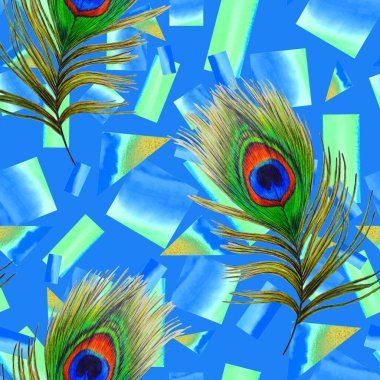 Geometrik arka planda güzel tavus kuşu tüyleri olan dekoratif, pürüzsüz desen. Yaratıcı moda baskı. El boya kalemleriyle çizilmiş..