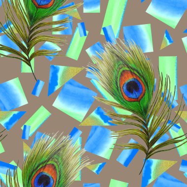 Geometrik arka planda güzel tavus kuşu tüyleri olan dekoratif, pürüzsüz desen. Yaratıcı moda baskı. El boya kalemleriyle çizilmiş..