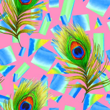 Geometrik arka planda güzel tavus kuşu tüyleri olan dekoratif, pürüzsüz desen. Yaratıcı moda baskı. El boya kalemleriyle çizilmiş..