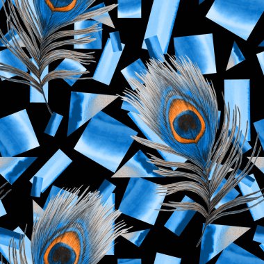 Geometrik arka planda güzel tavus kuşu tüyleri olan dekoratif, pürüzsüz desen. Yaratıcı moda baskı. El boya kalemleriyle çizilmiş..