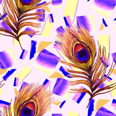 Geometrik arka planda güzel tavus kuşu tüyleri olan dekoratif, pürüzsüz desen. Yaratıcı moda baskı. El boya kalemleriyle çizilmiş..
