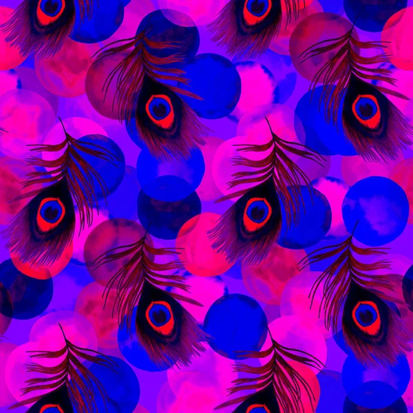 Decorative seamless pattern with beautiful peacock feathers. Trendy texture. Hand draw with crayons.