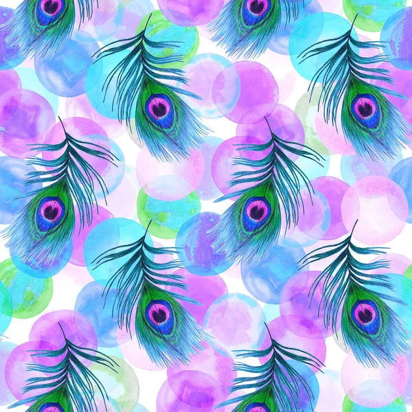 Decorative seamless pattern with beautiful peacock feathers. Trendy texture. Hand draw with crayons.