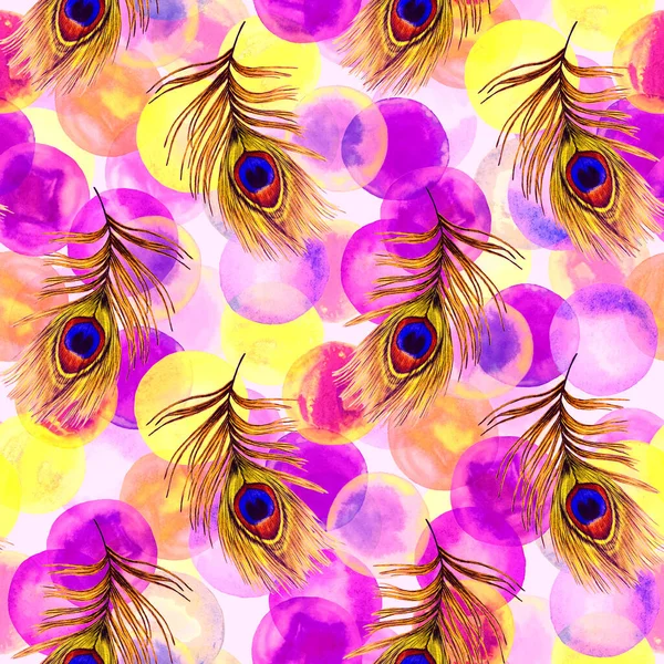 Decorative seamless pattern with beautiful peacock feathers. Trendy texture. Hand draw with crayons.