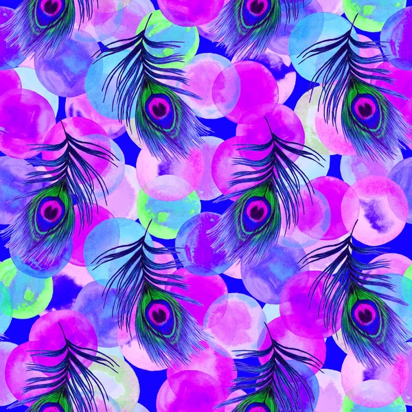 Decorative seamless pattern with beautiful peacock feathers. Trendy texture. Hand draw with crayons.