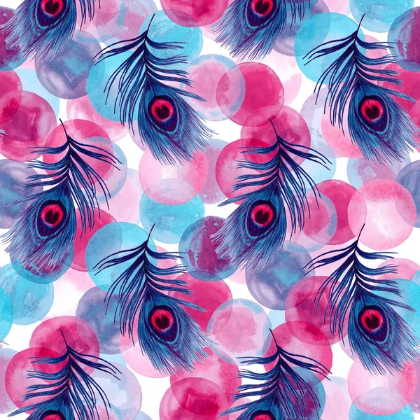 Decorative seamless pattern with beautiful peacock feathers. Trendy texture. Hand draw with crayons.