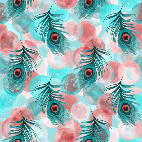 Decorative seamless pattern with beautiful peacock feathers. Trendy texture. Hand draw with crayons.