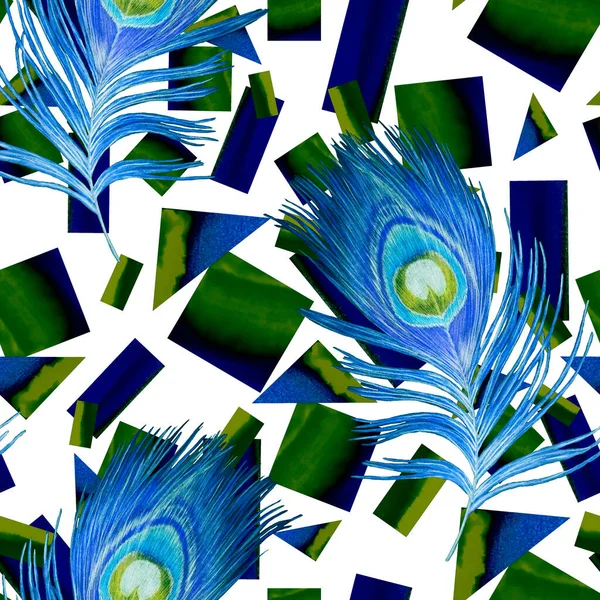 Dekoracyjny Bezszwowy Wzór Pięknymi Piórami Pawia Geometrycznym Tle Kreatywny Modny — Zdjęcie stockowe