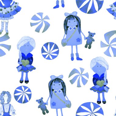 Watercolor seamless pattern with funny dolls. Decorative children print.