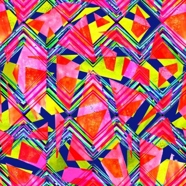 Geometrik şekilli ve zigzag elementli soyut, dikişsiz desen. Klasik modern tasarım. El çizimi.
