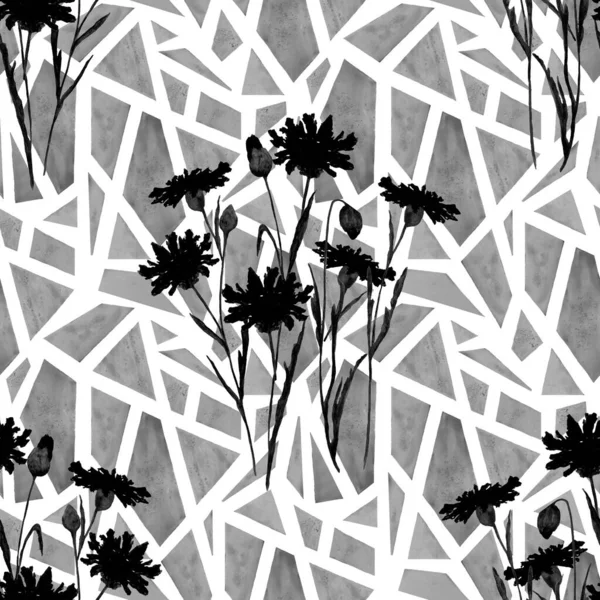 Floral Seamless Pattern Watercolor Field Flowers Geometric Background Cornflowers Botanical — 스톡 사진
