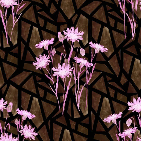 Floral Seamless Pattern Watercolor Field Flowers Geometric Background Cornflowers Botanical — Stockfoto