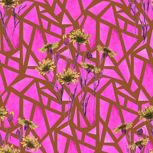 Floral Seamless Pattern Watercolor Field Flowers Geometric Background Cornflowers Botanical — Stock Fotó
