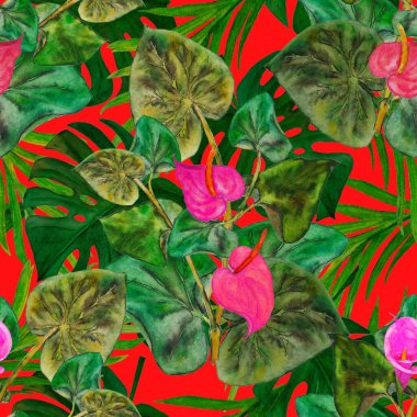 Hawaii çiçeksiz desenli suluboya tropikal yapraklar ve çiçekler. Kala çiçekleri. Klasik Tropikal yaz baskısı.