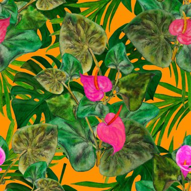 Hawaii çiçeksiz desenli suluboya tropikal yapraklar ve çiçekler. Kala çiçekleri. Klasik Tropikal yaz baskısı.