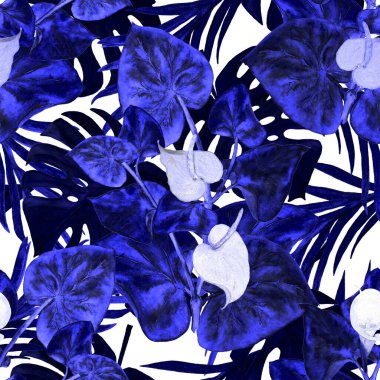 Hawaii çiçeksiz desenli suluboya tropikal yapraklar ve çiçekler. Kala çiçekleri. Klasik Tropikal yaz baskısı.