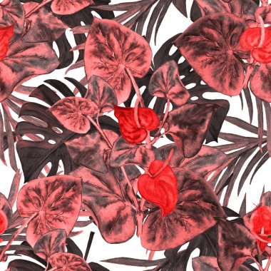 Hawaii çiçeksiz desenli suluboya tropikal yapraklar ve çiçekler. Kala çiçekleri. Klasik Tropikal yaz baskısı.