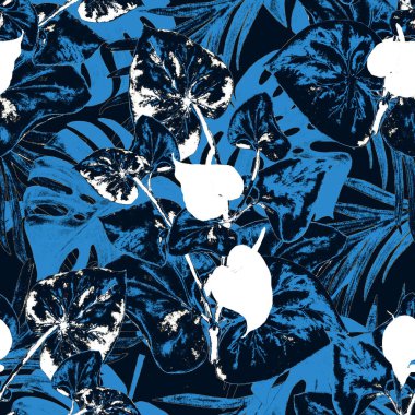 Hawaii çiçeksiz desenli suluboya tropikal yapraklar ve çiçekler. Kala çiçekleri. Klasik Tropikal yaz baskısı.