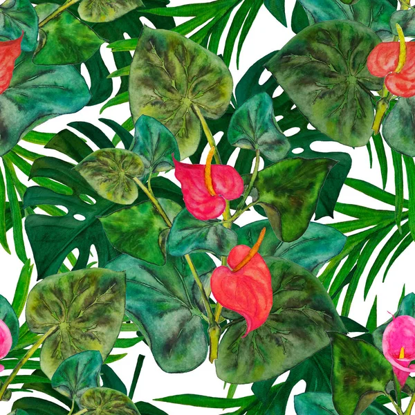 夏威夷植物无缝图案 水彩斑斓的热带叶和花 卡拉花 热带夏季印刷版本 — 图库照片