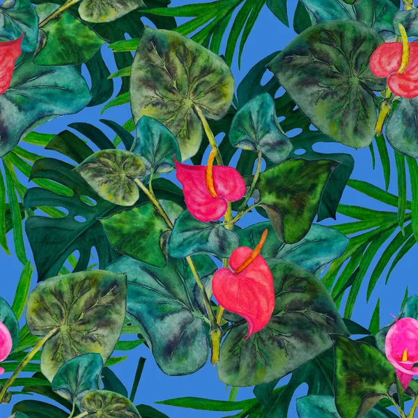 Hawaii çiçeksiz desenli suluboya tropikal yapraklar ve çiçekler. Kala çiçekleri. Klasik Tropikal yaz baskısı.