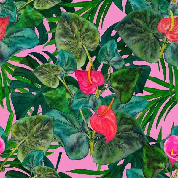 Гавайский Бесшовный Цветочный Узор Акварелью Тропических Листьев Цветов Цветы Калла — стоковое фото