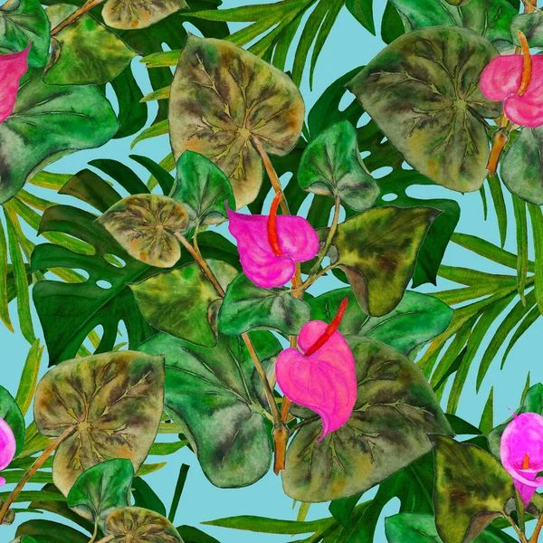 Hawaiiaanse Bloemen Naadloos Patroon Met Aquarel Tropische Bladeren Bloemen Calla — Stockfoto