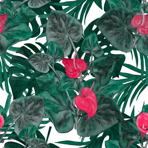 Hawaiian floral seamless pattern with watercolor tropical leaves and flowers. Calla flowers. Vintage Tropical summer print.