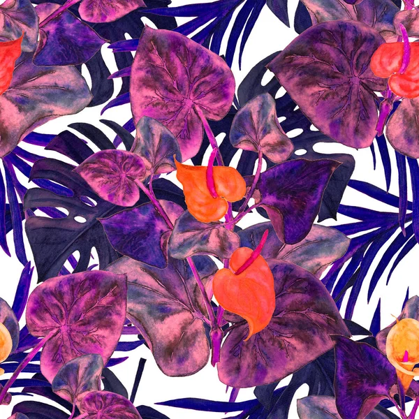 Hawaiian floral seamless pattern with watercolor tropical leaves and flowers. Calla flowers. Vintage Tropical summer print.