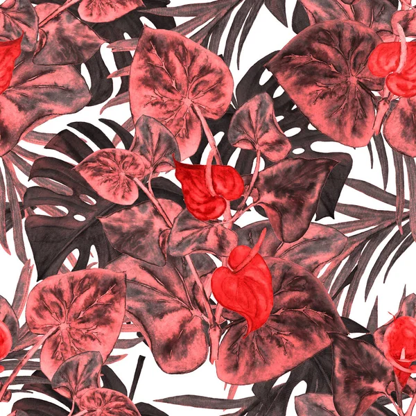 Hawaiian floral seamless pattern with watercolor tropical leaves and flowers. Calla flowers. Vintage Tropical summer print.