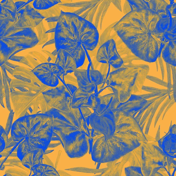 Hawaiian floral seamless pattern with watercolor tropical leaves and flowers. Calla flowers. Vintage Tropical summer print.