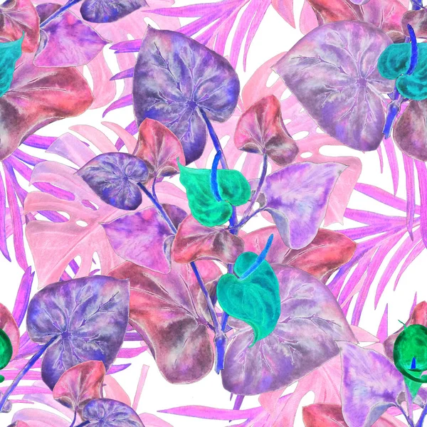 Hawaiian floral seamless pattern with watercolor tropical leaves and flowers. Calla flowers. Vintage Tropical summer print.