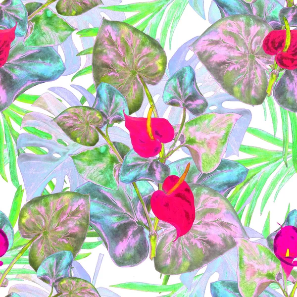 Hawaiian Floral Seamless Pattern Watercolor Tropical Leaves Flowers Calla Flowers — Stock Photo, Image