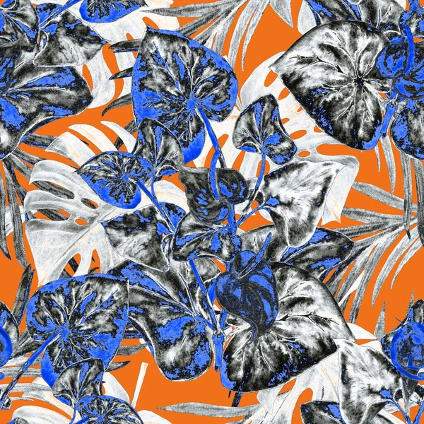Hawaiian floral seamless pattern with watercolor tropical leaves and flowers. Calla flowers. Vintage Tropical summer print.